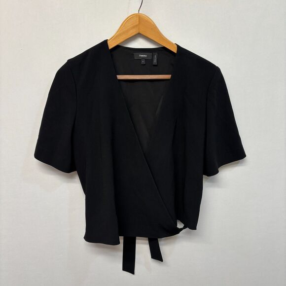Theory Women Short Sleeve Wrap Top Blouse Shirt Size 6 Black D019 -12 - Picture 12 of 12